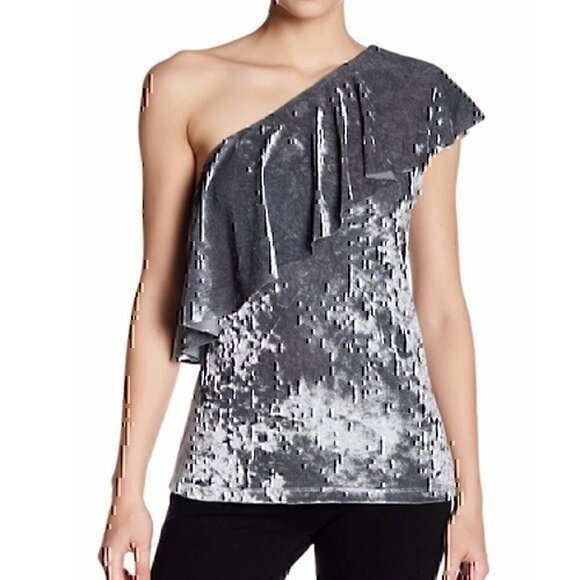 NWOT TART Ruffled One Off Shoulder Velvet Top Grey Velour Ruffle Sleeveless SM - Picture 1 of 7